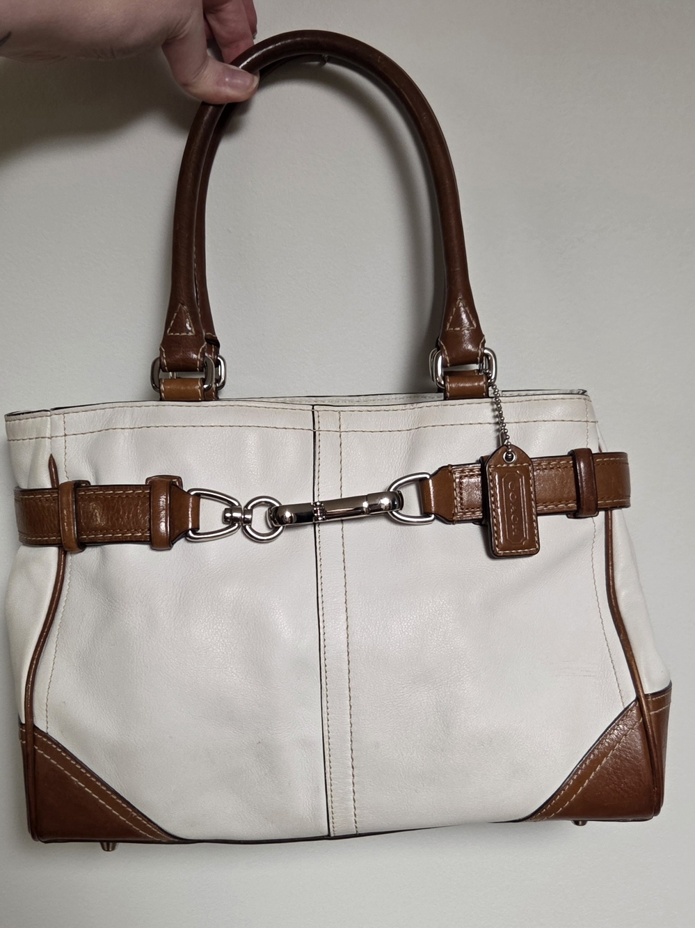 Vintage Coach Hampton Cream Leather Purse with Brown Trim and Horsebit Detail